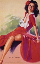 Sexy Woman in Long Red Dress, "Sitting Pretty", Mutoscope Card, 1940's