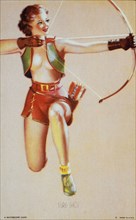 Sexy Woman Using Bow and Arrow, "Sure Shot", Mutoscope Card, 1940's