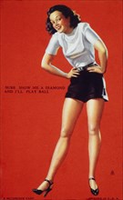 Sexy Woman Wearing Mini Shorts, "Sure, Show Me a Diamond and I'll Play Ball", Mutoscope Card, 1940's