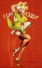 Sexy Woman With Dress Blowing Up in Air at Fun House, "Thar She Blows",  Mutoscope Card, 1940's