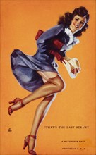 Sexy Woman Wearing Blue Dress and Nylons, "That's the Last Straw", Mutoscope Card, 1940's