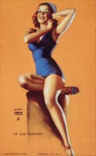 Sexy Woman Wearing Blue Bathing Suit, "Up and Cunning", Mutoscope Card, 1940's
