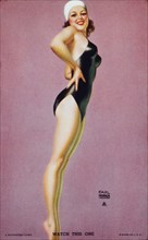 Sexy Woman Wearing Black One-Piece Bathing Suit, "Watch This One", Mutoscope Card, 1940's