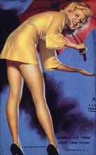 Sexy Woman Wearing Short Dress with Umbrella in Rain, "Where'd All These Drips Come From?", Mutoscope Card, 1940's