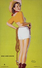 Sexy Woman Wearing Cowboy Hat and Holding Rope, "Wide Open Spaces", Mutoscope Card, 1940's