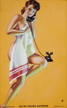 Sexy Woman Wearing Towel and Talking on Telephone, "Yes My Dialing Daughter", Mutoscope Card, 1940's