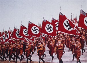 German SA Troops Marching with Nazi Flags at Rally, Nuremberg, Germany, 1933