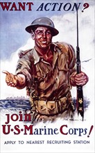 U.S. Recruitment Poster, "Want Action? Join the U.S. Marine Corps, by Montgomery Flagg, 1942