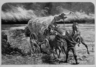 Man and Woman With Covered Wagon on Prairie During Windstorm, "A Prairie Wind-Storm", Harper's Weekly, May 30, 1874