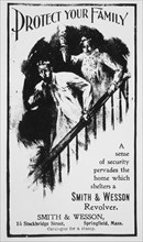 Frightened Husband with Gun and Wife on Stairway, "Protect Your Family", Advertisement, Smith & Wesson Revolver, circa 1901