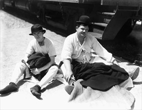 Oliver Hardy and Stan Laurel on-set of the Film, Berth Marks, 1929