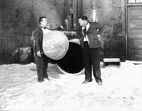 Oliver Hardy and Stan Laurel on-set of the Film, Below Zero, 1930