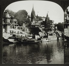 Burning Ghat on the Banks of Ganges River, Varanasi, India, Single Image of Stereo Card, 1900