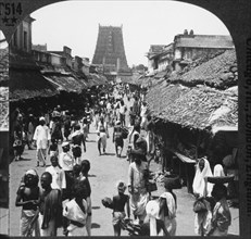 Busy Street Scene, Madura, India, Single Image of Stereo Card, 1900