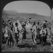 Chief Two-Guns-White-Calf and Companions in Medicine Lodge Ceremony, Montana, USA, Single Image of Stereo Card, circa 1900