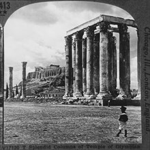 Columns of Temple of Zeus with Acropolis and Parthenon in Background, Athens, Greece, Single Image of Stereo Card, circa 1900