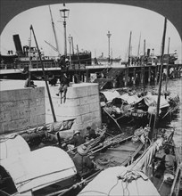 Boats and Pier in Harbor, Hong Kong, Single Image of Stereo Card, 1910