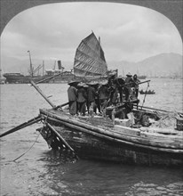 Group of Men on Fishing Boat in Harbor, Hong Kong, Single Image of Stereo Card, 1910