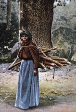 Elderly Yosemite Native American Indian Woman Carrying Logs, Yosemite Valley, California, USA, 1910