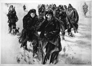 German Troops Freezing in the Russian Winter, World War II, "Nach Osten" or "To the East", Sketch by Russian War Artist, Nikolai Zhukov, 1944