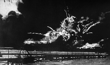 The Destroyer U.S.S. Shaw Exploding at Dry Dock, Pearl Harbor, Hawaii, December 7, 1941