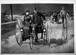 Couple Riding Quadracycle, "Wheeling on Riverside Drive", Illustration, Harper's Weekly, 1890