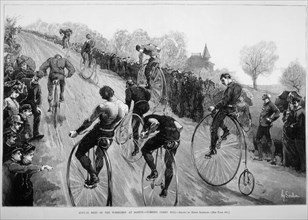 Bicycle Race, "Annual Meet of the Wheelmen at Boston - Climbing Corey Hill", Illustration, Harper's Weekly, 1890