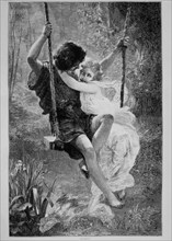 Romantic Young Couple on Swing, "Sunshine", Illustration, Harper's Weekly, 1874