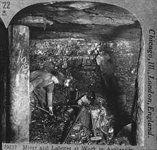 Miners at Work in Anthracite Coal Mine near Scranton, Pennsylvania, USA, Single Card of Stereo Card, 1905