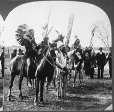 Sioux Native American Indians in Traditional Headdresses on Horseback, Nebraska, USA, Close Up, Single Image of Stereo Card, 1900