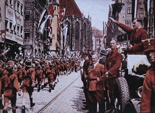 Hitler Youth March before their Leader, Baldur von Shirach, during Rally, Nuremberg, Germany, 1933