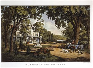 Family in Front of Rural Home, Summer in the Country, Lithograph, Currier & Ives, 1855