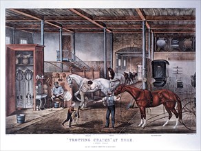 "Trotting Cracks" at Home, a Model Stable, Lithograph, Currier & Ives, 1866