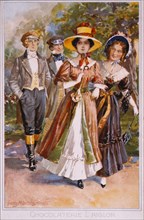 Two Couples Walking in Park, Chocolaterie L'Aiglon, Trade Card, Munich, Germany, circa 1900