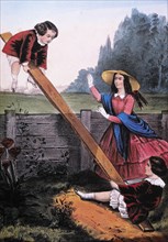 Children Playing on See-Saw, Lithograph, Currier & Ives, circa 1860