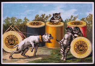 Cats Teasing Barking Dog on Leash, J&P Coats Sewing Thread, Vintage Trade Card, circa 1881