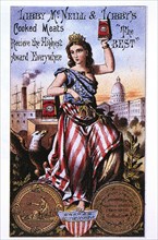 Woman Draped in American Flag, Libby McNeill & Libby's Cooked Meats, Trade Card, circa 1880