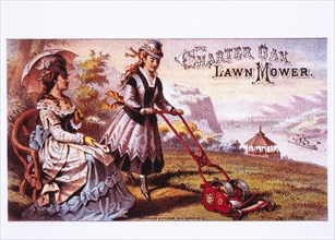 Woman Mowing Lawn, The Charter Oak Lawn Mower, Trade Card, circa 1885