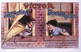 Two Women Leaning out of Apartment Windows to Talk, Victor Self-Acting Shade Roller, Vintage Trade Card, circa 1885