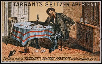 Man Sitting at Poker Table, Tarrant's Seltzer Aperient, Trade Card, circa 1900