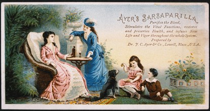 Ill Woman Receiving Medicine While Children Play with Dog Nearby, Ayer's Sarsaparilla, Trade Card, circa 1900
