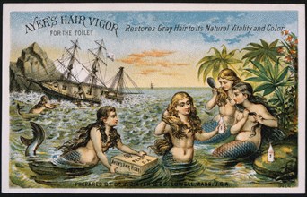 Mermaids Retrieving Boxes from Sinking Ship, Ayer's Hair Vigor, Trade Card, circa 1900
