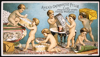 Group of Babies Packing Boxes, Ayer's Cathartic Pills, Trade Card, circa 1900