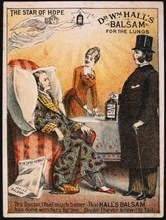 Male Patient Being Treated by Doctor, Dr. Wm. Hall's Balsam for the Lungs, Trade Card, circa 1900