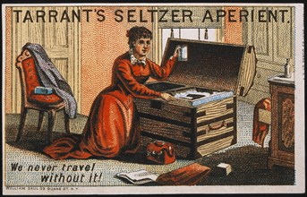 Woman Packing Trunk, Tarrant's Seltzer Aperient, Trade Card, circa 1900