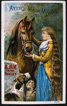 Woman with Horse and Dogs, Ayer's Hair Vigor, Trade Card, circa 1900