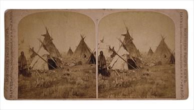 Lodges of Assinabone (Assiniboine) Indians, Dakota Territory, USA, Stereo Card, circa 1870's