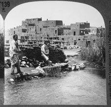 Two Native Americans Standing Next to Stream, Taos Pueblo, New Mexico, USA, Single Image of Stereo Card, circa 1900