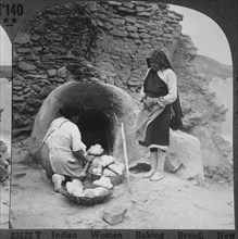 Two Native Americans Baking Bread, Laguna Pueblo, New Mexico, USA, Single Image of Stereo Card, circa 1900