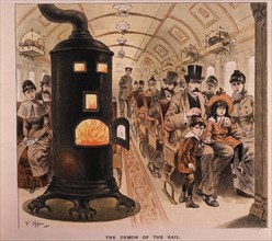 The Demon of the Rail, Coal-Burning Stove in Passenger Train Car, Puck Magazine, Hand-Colored Engraving, 1887